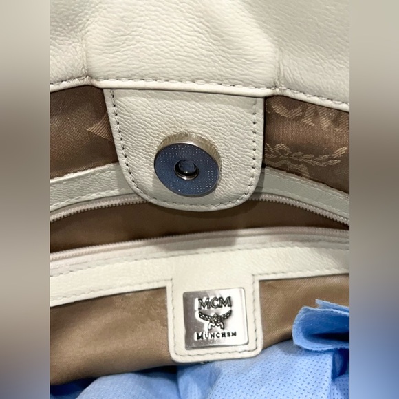 MCM Work Laptop Tote Bag Khaki Canvas MCM Visetos Logo Cream /Gray Leather Trim - Picture 11 of 13